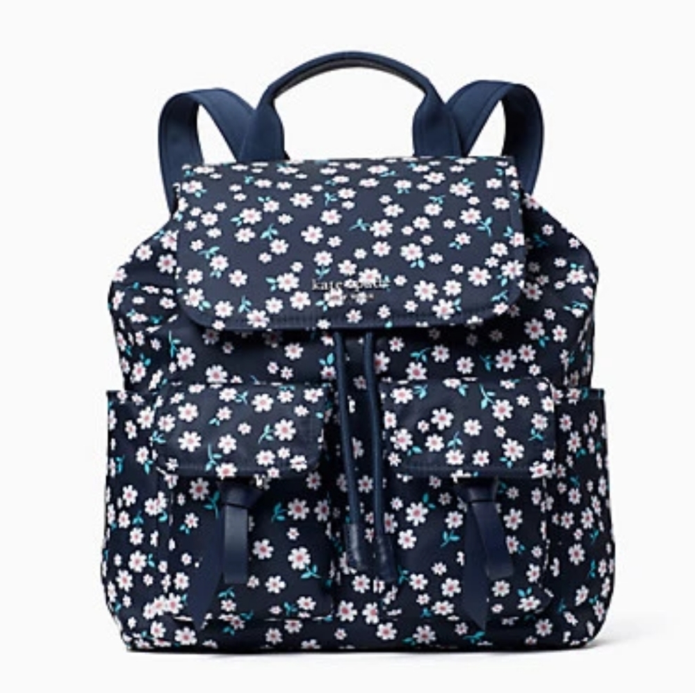 NWT Kate Spade Carley Flap Drawstring Cargo Backpack Fleurette Floral Nylon Blue
